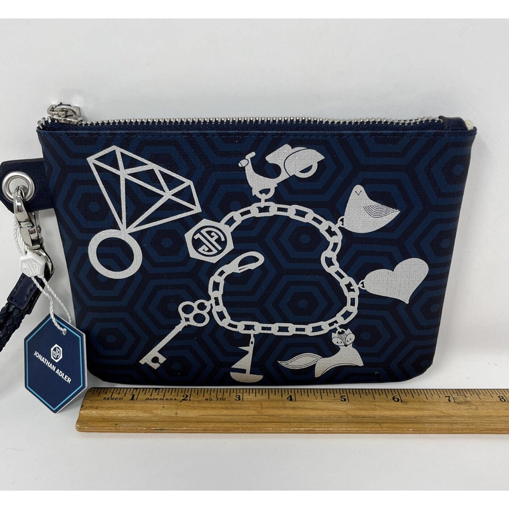 Jonathan Adler Navy Wristlet Silver Charm Jewelry Print Small Zip Pouch NWT - Picture 5 of 11